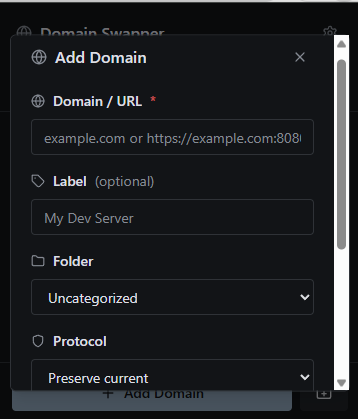 Add domain modal with URL, label, folder, and protocol options
