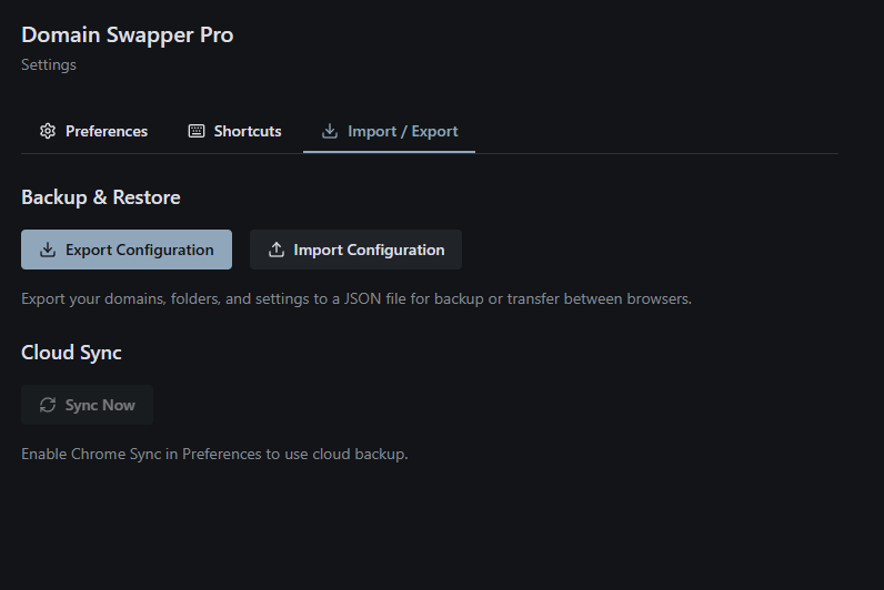 Import and export configuration page