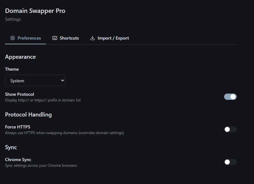Settings page with theme, protocol, and sync options